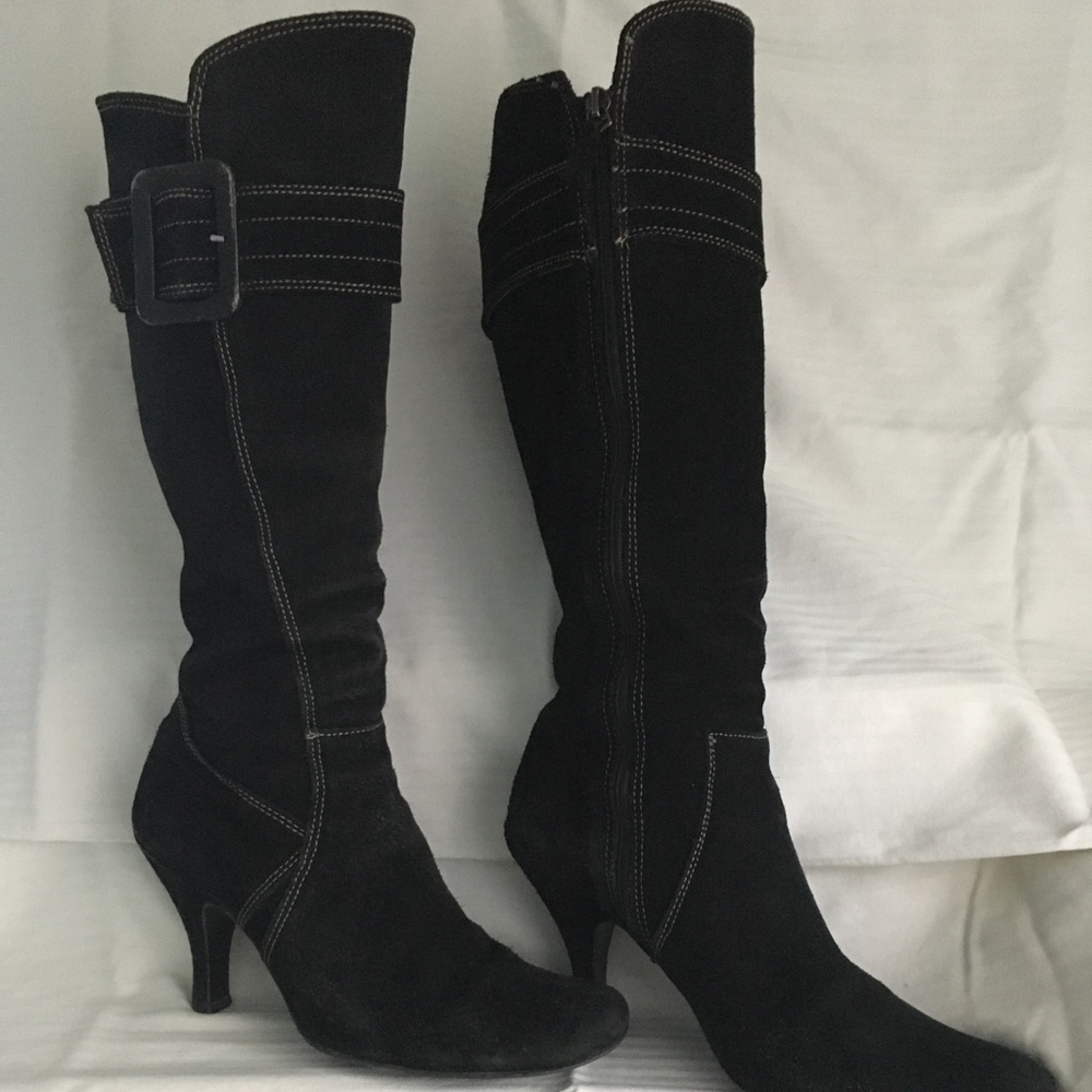 Italian Leather black suede boots with decorative stitching and 2.5” heels.